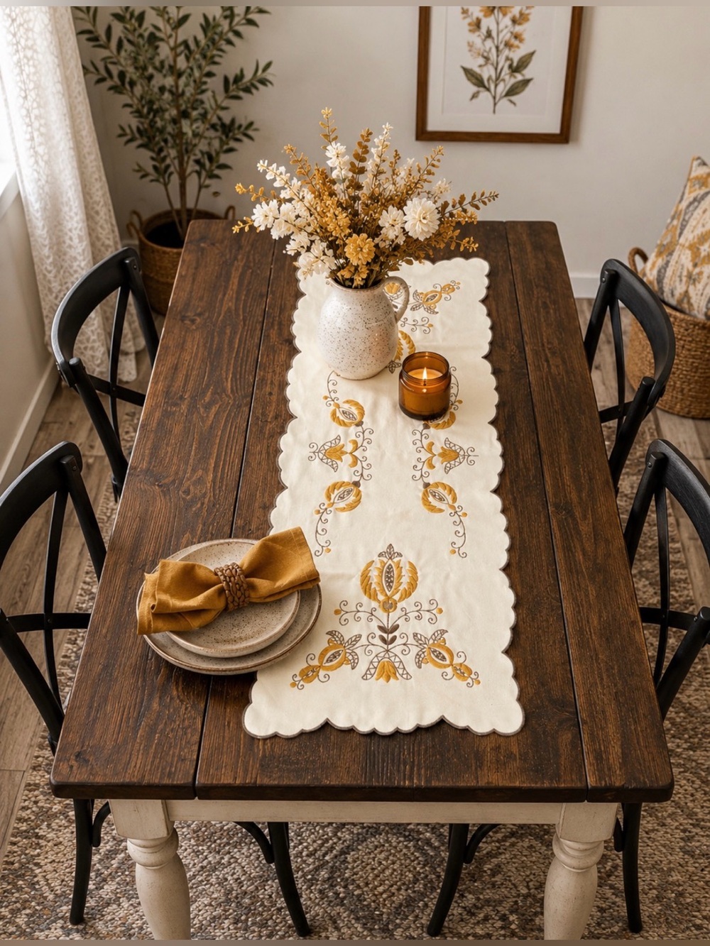 Vintage Embroidered Cream and Mustard Table Runner 12x23